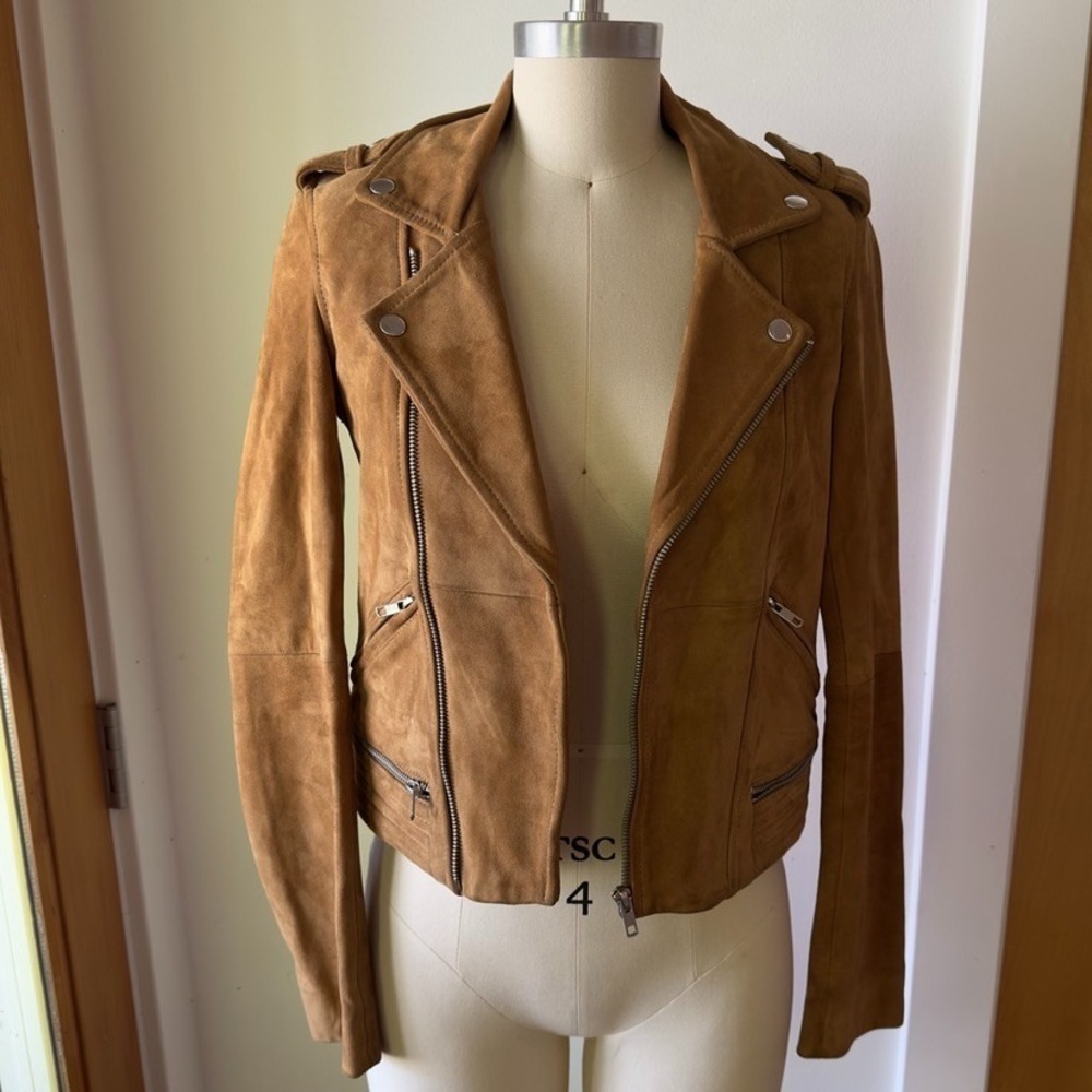 MAJE Basalta Suede Moto Biker Jacket-Goat Suede-Camel & Silver Hdwre-Sz 36/Small